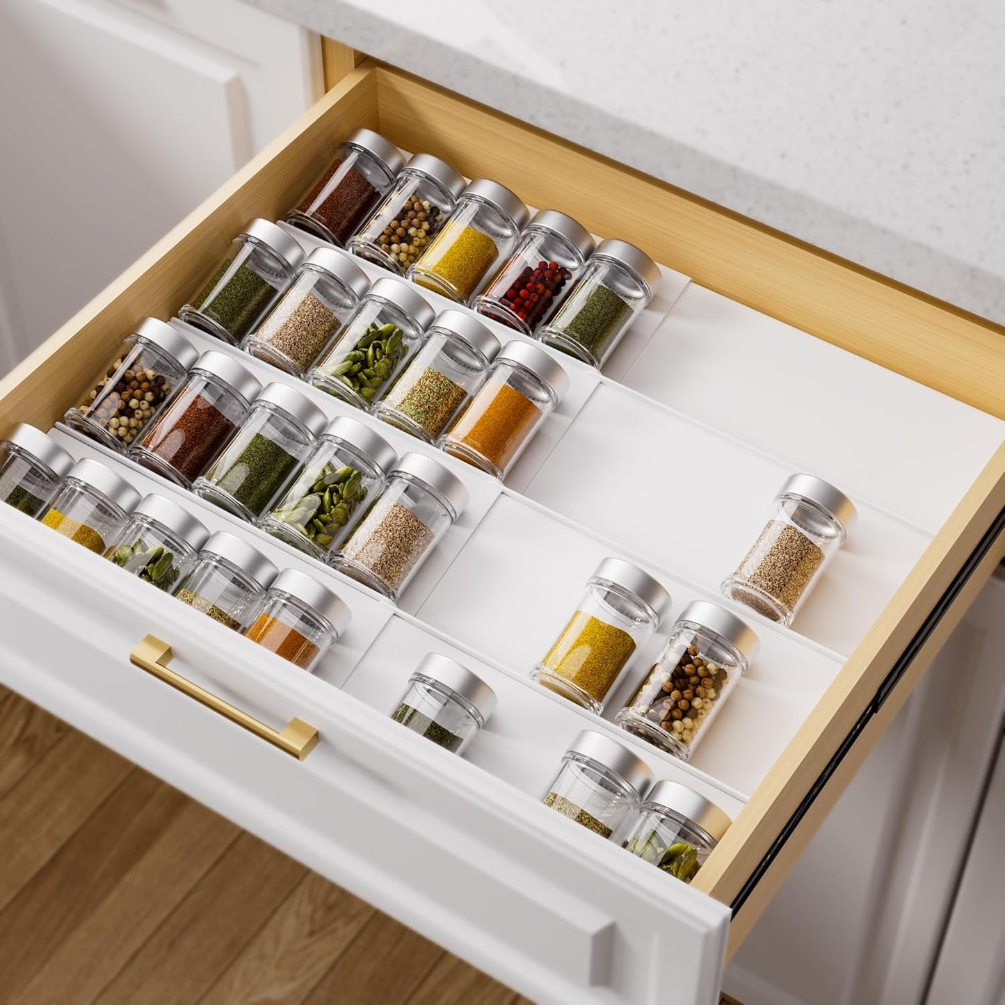 MIUKAA Clear Acrylic Spice Drawer Organizer, 4 Tier- 2 Set Expandable From 13" to 26" Drawer Seasoning Organizer, Kitchen Spice Rack Tray for Drawer/Countertop (Jars not included)