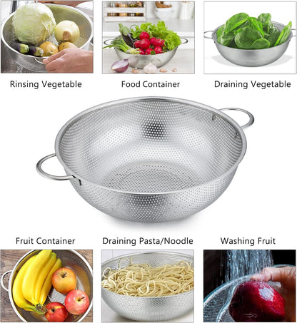 P&P CHEF Stainless Steel Colander, Micro-Perforated Food Strainer with Handle for Washing Draining, Great for Pasta Fruits Vegetables, Dishwasher Safe & Healthy, 1 +3 Qt, 2Pcs