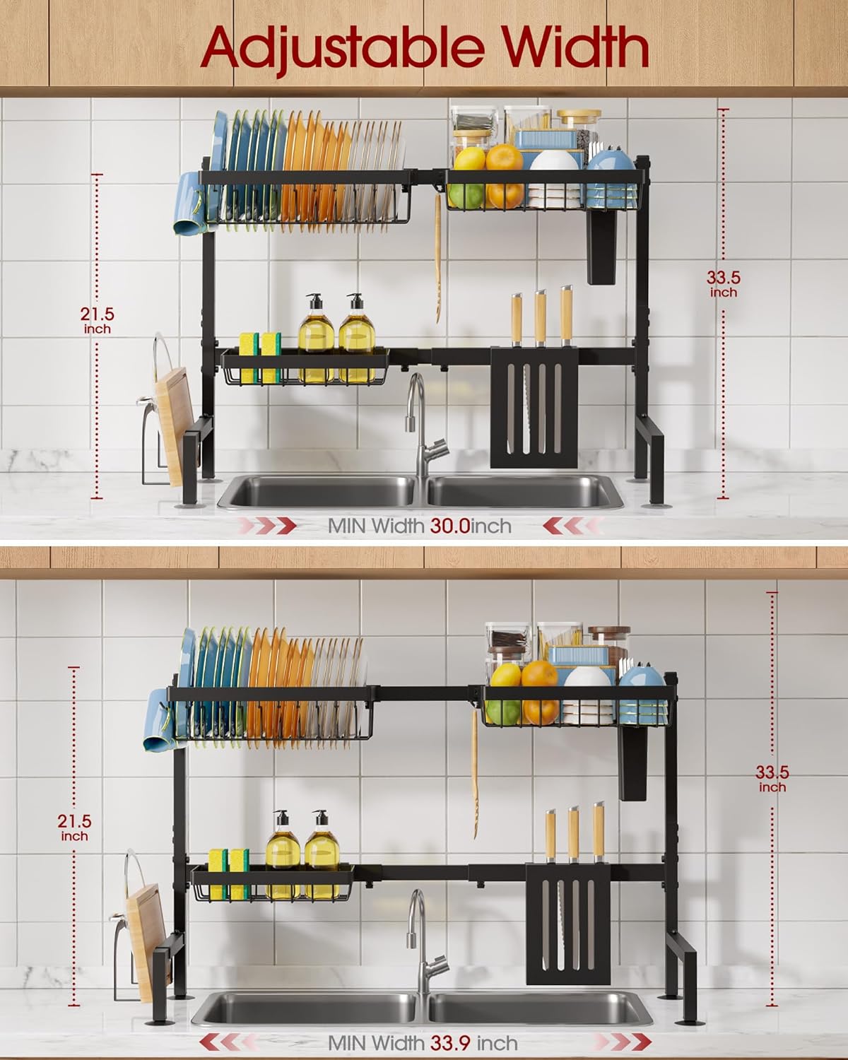 Sakugi Over The Sink Dish Drying Rack, Expandable 2-Tier Stainless Steel Kitchen Storage Organization Accessories for Countertop, Rustproof & Space-Saving, 30"–34.5" L x 12" W x 25" H, Black