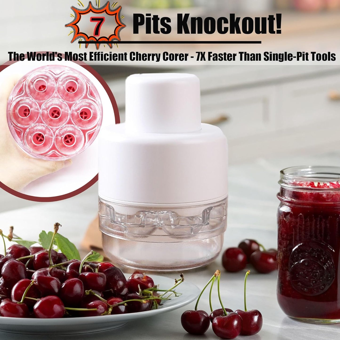 PCTC Cherry Pitter Tool - Pit Remover for Cherries, Multi-Functional Fruit & Vegetable Tool, Quick Release Remove 7 Cherry Pits at Once, Kitchen Gadget for Easy Prep (White)