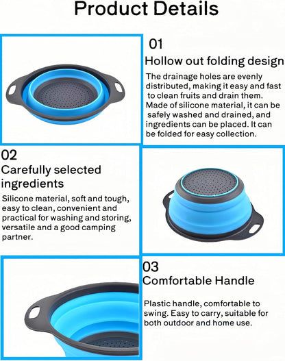 2Pack Blue Round Collapsible Colander,Plastic Handles Silicone Kitchen Strainers Foldable Kitchen Strainer,Perfect for Draining Pasta Vegetable and Fruit for Home Cooks