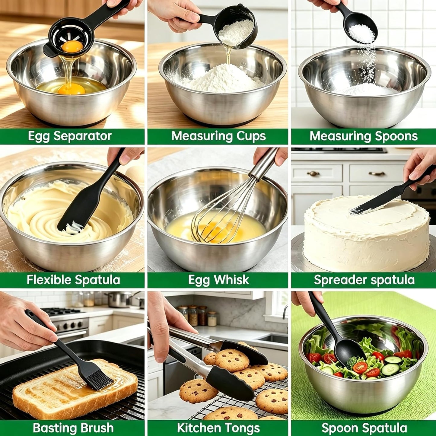 Deedro Premium Mixing Bowls with Airtight Lids Set, 22Pcs Thicker Stainless Steel Mixing Bowl Set, Large Prep Metal Bowls, Non-Slip Silicone Base Nesting Bowls for Kitchen, 1.5/2/3/4/5 QT, Khaki