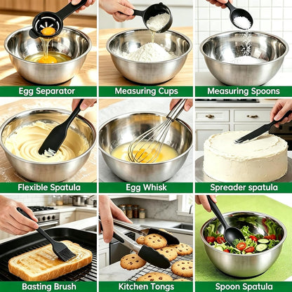 Deedro Premium Mixing Bowls with Airtight Lids Set, 22Pcs Thicker Stainless Steel Mixing Bowl Set, Large Prep Metal Bowls, Non-Slip Silicone Base Nesting Bowls for Kitchen, 1.5/2/3/4/5 QT, Khaki