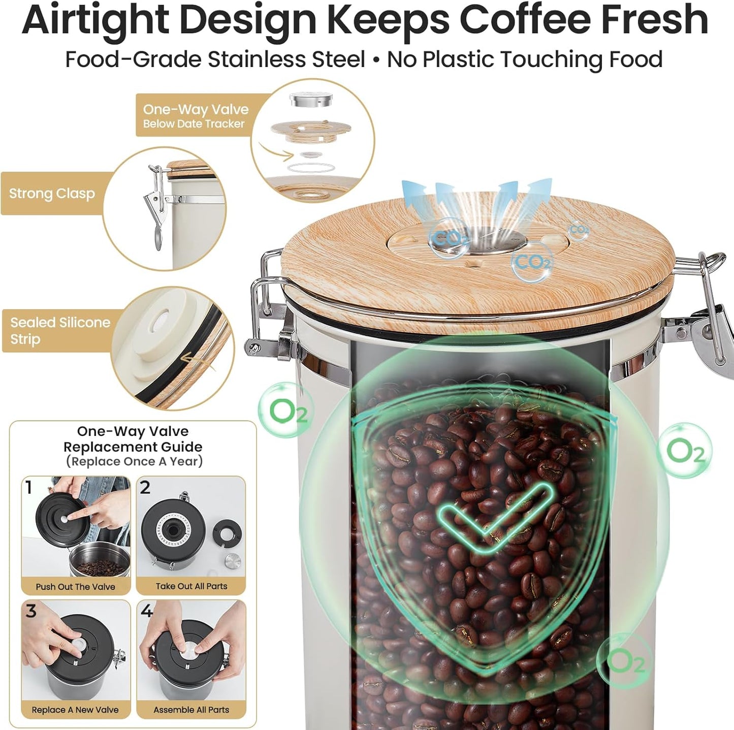 Veken Coffee Canister, Airtight Stainless Steel Kitchen Food Storage Container with Date Tracker and Scoop for Beans, Grounds, Tea, Flour, Cereal, Sugar, Cookie, 16OZ, Cream