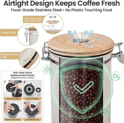 Veken Coffee Canister, Airtight Stainless Steel Kitchen Food Storage Container with Date Tracker and Scoop for Beans, Grounds, Tea, Flour, Cereal, Sugar, Cookie, 16OZ, Cream