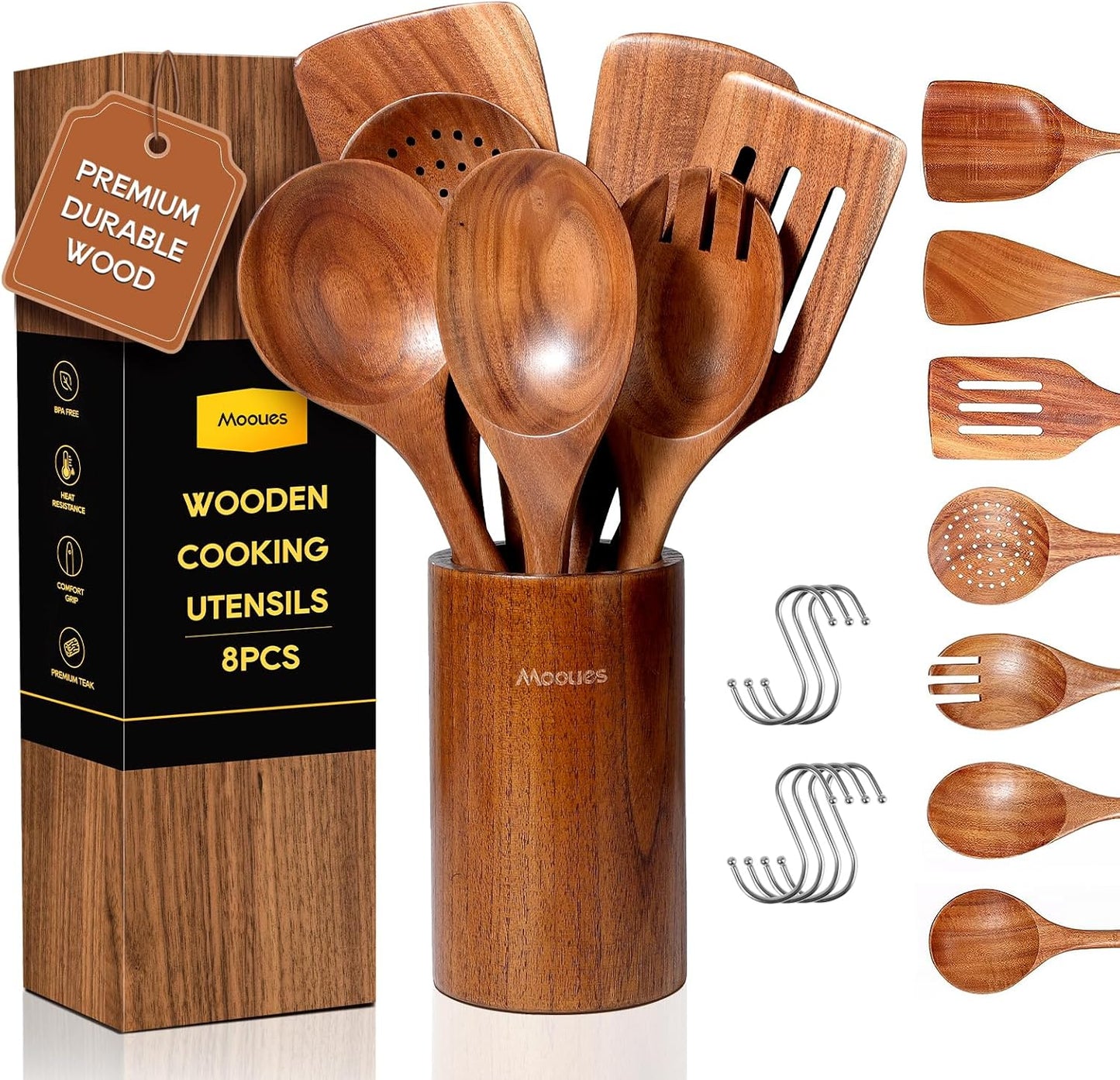 Wooden Ladle for Soup, 3 Size Teak Wood Ladle Spoon with Back Hooks, Heat Resistant Wooden Spoons for Cooking, Non-Stick, Comfortable Grip, Wood Kitchen Utensils Set for Serving, Stirring