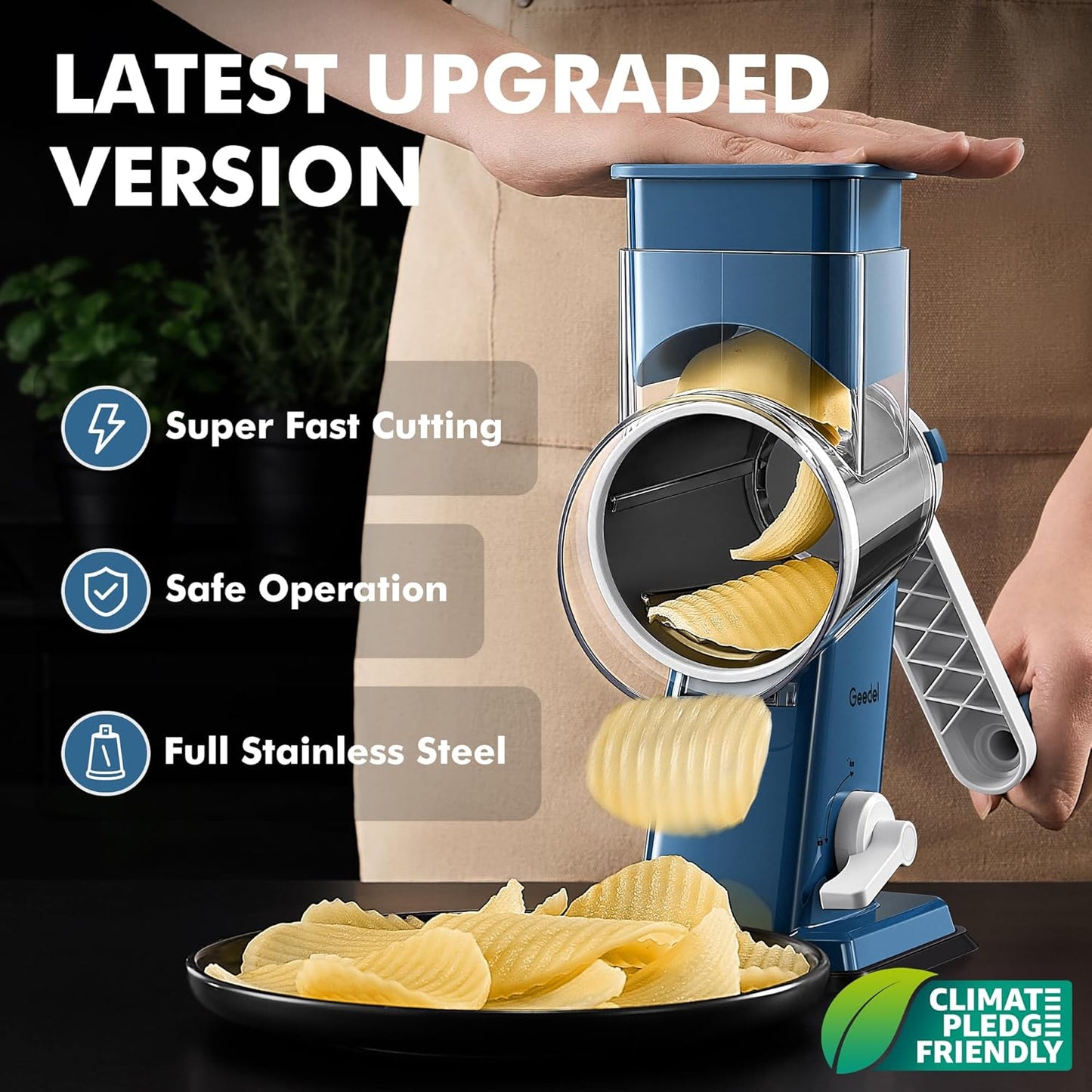 Geedel Rotary Cheese Grater - Upgraded Vegetable Shredder with 4 Interchangeable Blades, Easy to Clean Cheese Shredder with Handle, Kitchen Grater Nuts Grinder for Cutting Cheese, Vegetable, Nuts