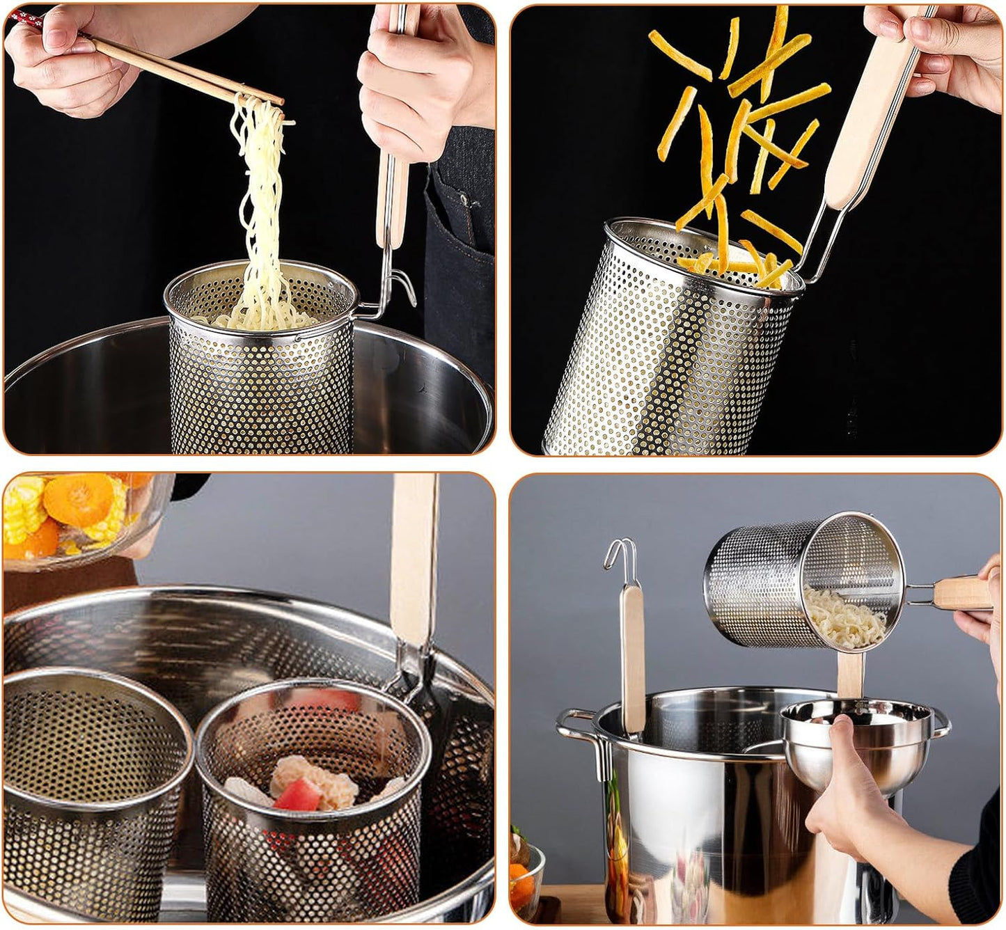 2 Pack Pasta Strainer with Handle Pasta Basket Spider Mesh Strainer Stainless Steel for Noodle, Boiling Food, Ramen, Spaghetti, Dumpling (4.6"D X 5.78"H)
