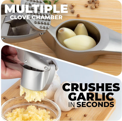 Zulay Kitchen Premium Garlic Press Set - Rust Proof Professional Garlic Mincer Tool - Easy-Squeeze, Easy-Clean with Soft, Ergonomic Handle - Silicone Garlic Peeler & Brush (Silver)