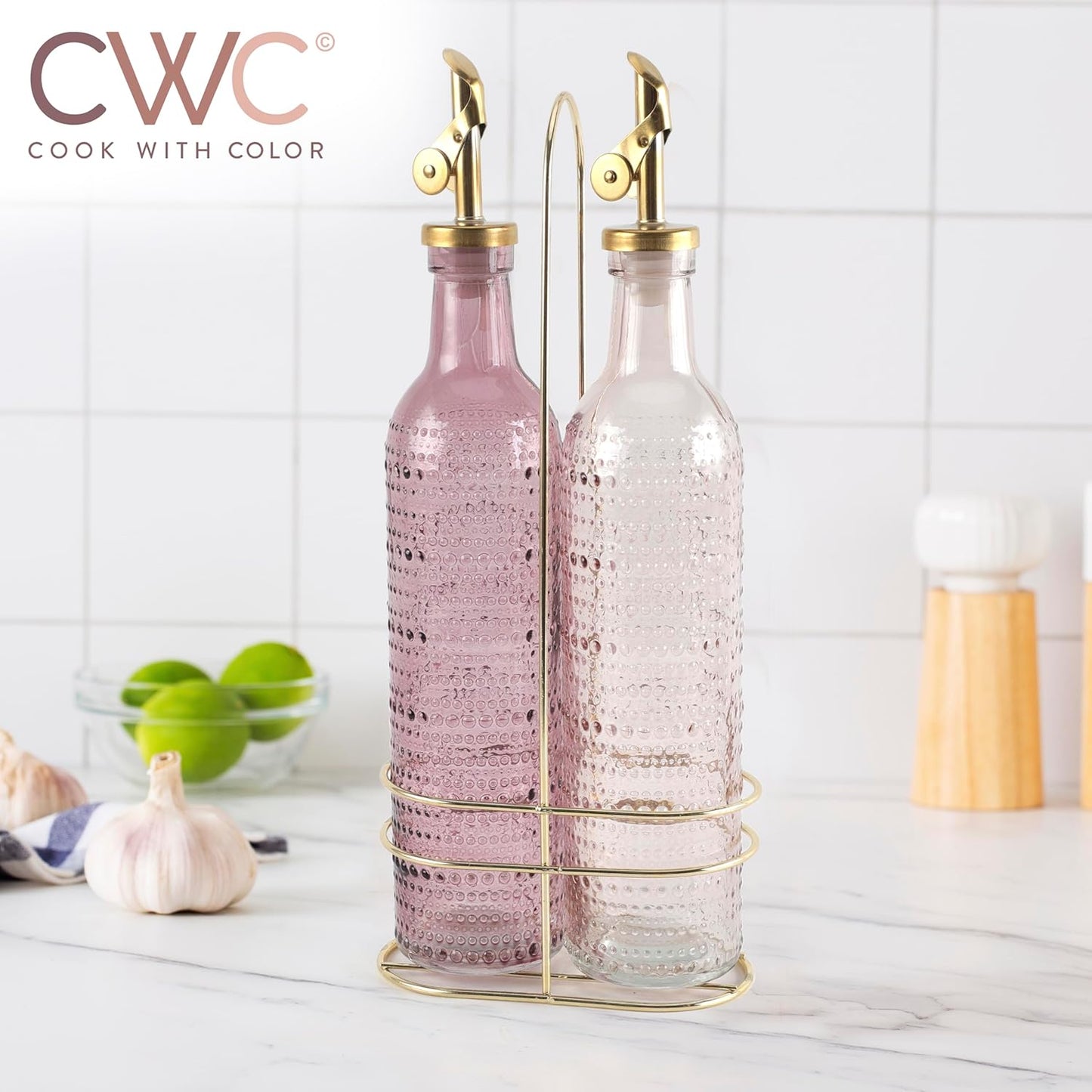COOK WITH COLOR Glass Olive Oil Bottle Dispenser - 2 Pack- 17oz Oil and Vinegar Cruet - Olive Oil Carafe Decanter for Kitchen, Elegant Waves, Clear