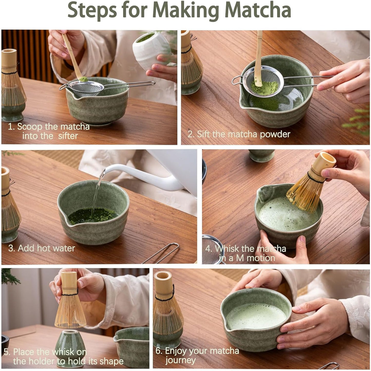 Buucup Matcha Set, Matcha Bowl with Spout, Matcha Whisk and Holder, Bamboo matcha Scoop and Stainless Sifter - 5 Pcs Jade Green Matcha Set Kit for Matcha Lover