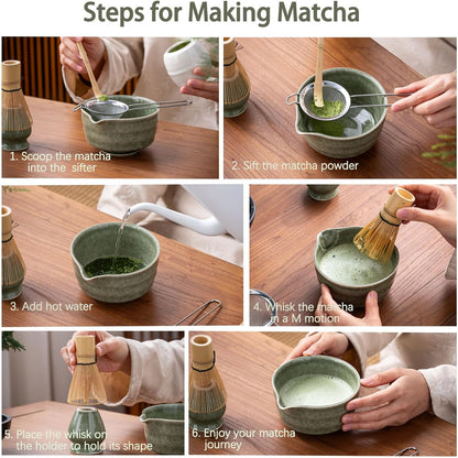 Buucup Matcha Set, Matcha Bowl with Spout, Matcha Whisk and Holder, Bamboo matcha Scoop and Stainless Sifter - 5 Pcs Jade Green Matcha Set Kit for Matcha Lover