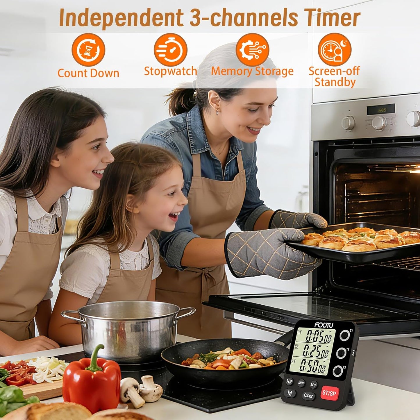 Digital Dual Triple Kitchen Timer, 3 Channels Magnetic Countdown Stopwatch Timer for Cooking, Loud Alarm Large Display Multi Food Memory Timer for Seniors & Teachers Battery Included (Blue)