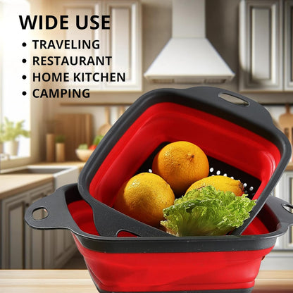 Green Kitchen Strainer Colander Set - 2 PCS Multifunctional Colander Silicone Food Strainers for Kitchen for Pasta and Spaghetti Collapsible with Plastic Handles