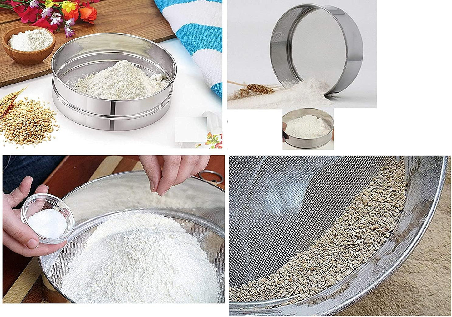 4 In 1 Stainless Steel Interchangeable Sieve Set of 5 Flour Spices Food Strainers Atta Chalni Jaali Channi Atta, Maida Strainer - Silver, Length 8 Inch, Width Height 2.5 Inch