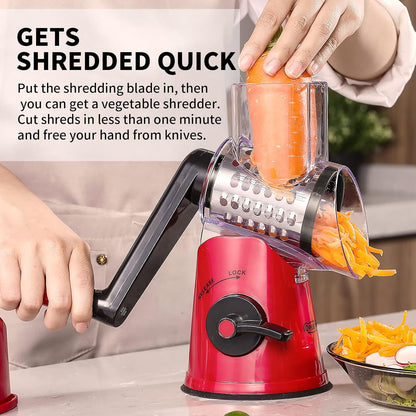 Rotary Cheese Grater, 3 in 1 Cheese Shredder Grater Rotary with Handle, Vegetable Mandoline Slicer Shredder for Vegetable, Cheese, Nut