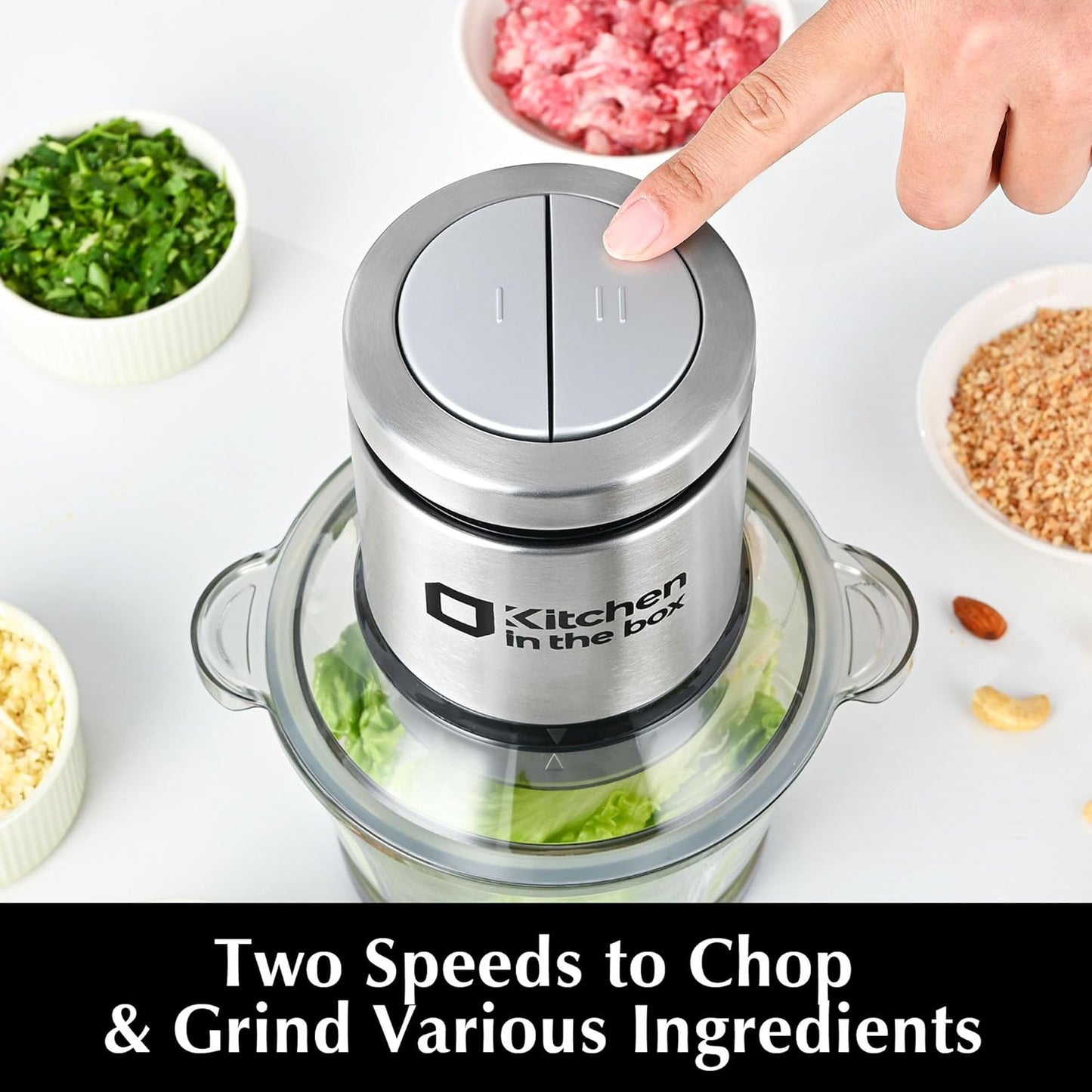 Kitchen in the box Food Processor, Electric Meat Grinder & Food Chopper with 400W Powerful Veggie Chopper-2 Bowls（8 Cup+8 Cup） & 2 Bi-Level Blades for Meat/Fish/Vegetable/Baby Food（Sliver Button）