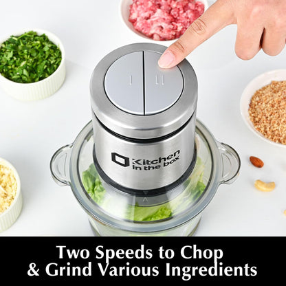 Kitchen in the box Food Processor, Electric Meat Grinder & Food Chopper with 400W Powerful Veggie Chopper-2 Bowls（8 Cup+8 Cup） & 2 Bi-Level Blades for Meat/Fish/Vegetable/Baby Food（Sliver Button）