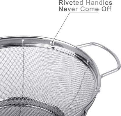 3 Pack 18/8 Stainless Steel Colander Sieves(5-Quart, 4-Quart and 3-Quart), Mesh Strainer Net Baskets with Handles & Resting Base for Strain, Drain, Rinse or Steam