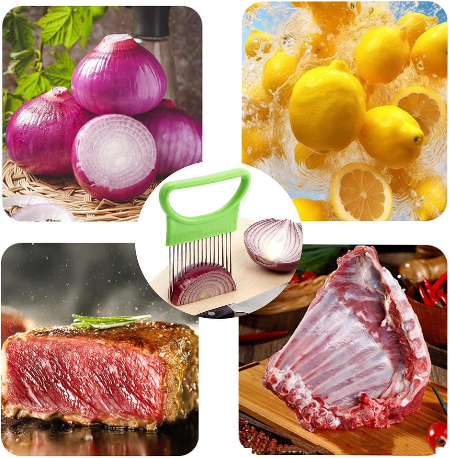 YVPSI 4pcs Onion Holder Slicer with Cover Stainless Steel Onion Cutter Vegetable Chopper Tomato Potato Slicer Cutter Food Slicer Assistant Tool for Tomato Lemon Avocados Vegetables Fruit and Meat
