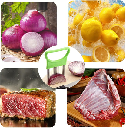 YVPSI 4pcs Onion Holder Slicer with Cover Stainless Steel Onion Cutter Vegetable Chopper Tomato Potato Slicer Cutter Food Slicer Assistant Tool for Tomato Lemon Avocados Vegetables Fruit and Meat