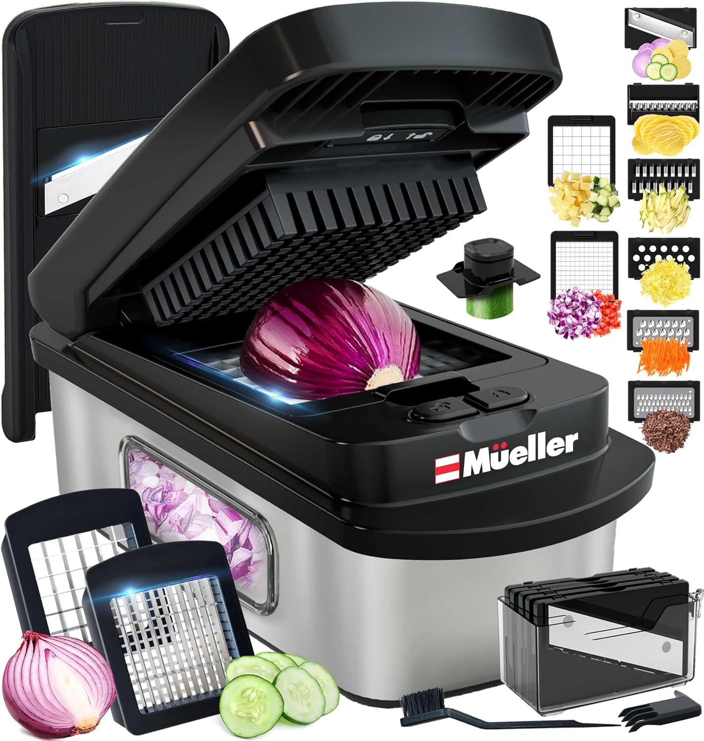 Mueller Pro-Series 10-in-1, 8 Blade Vegetable Chopper, Onion Mincer, Cutter, Dicer, Egg Slicer with Container, French Fry Cutter Potato Slicer, Home Essentials, Salad Chopper White Sand/Green