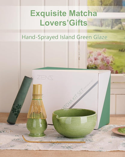 ZENS Pink Matcha Set, Matcha Whisk Set Includes 15oz Ceramic Bowl & (Chasen Holder), Bamboo Whisk & Scoop, Sifter and Pink Tea Towel, 6pcs Matcha Kit for Matcha Lovers
