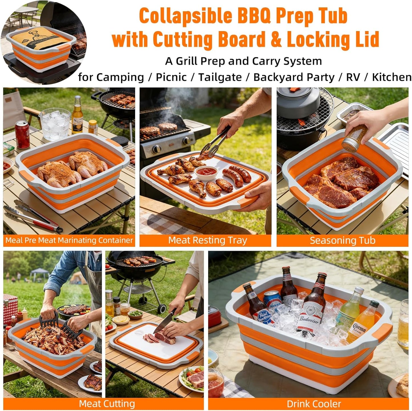 8L Collapsible BBQ Prep Tub with Locking Lid Cutting Board for Marinating Food Storage - Portable Wash Basin Colander for Kitchen Camping Sink - Foldable Bucket for Household Baking Picnic Tailgate