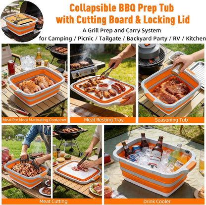 8L Collapsible BBQ Prep Tub with Locking Lid Cutting Board for Marinating Food Storage - Portable Wash Basin Colander for Kitchen Camping Sink - Foldable Bucket for Household Baking Picnic Tailgate