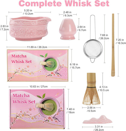 Matcha Whisk Set -7 Pcs Ceramic Matcha Kit Includes Matcha Bowl,Holder,Matcha Sifter, Bamboo Whisk (Chasen),Matcha Spoon and Scoop and Tea Towel,Matcha Kit for Matcha Lovers(Cyan)