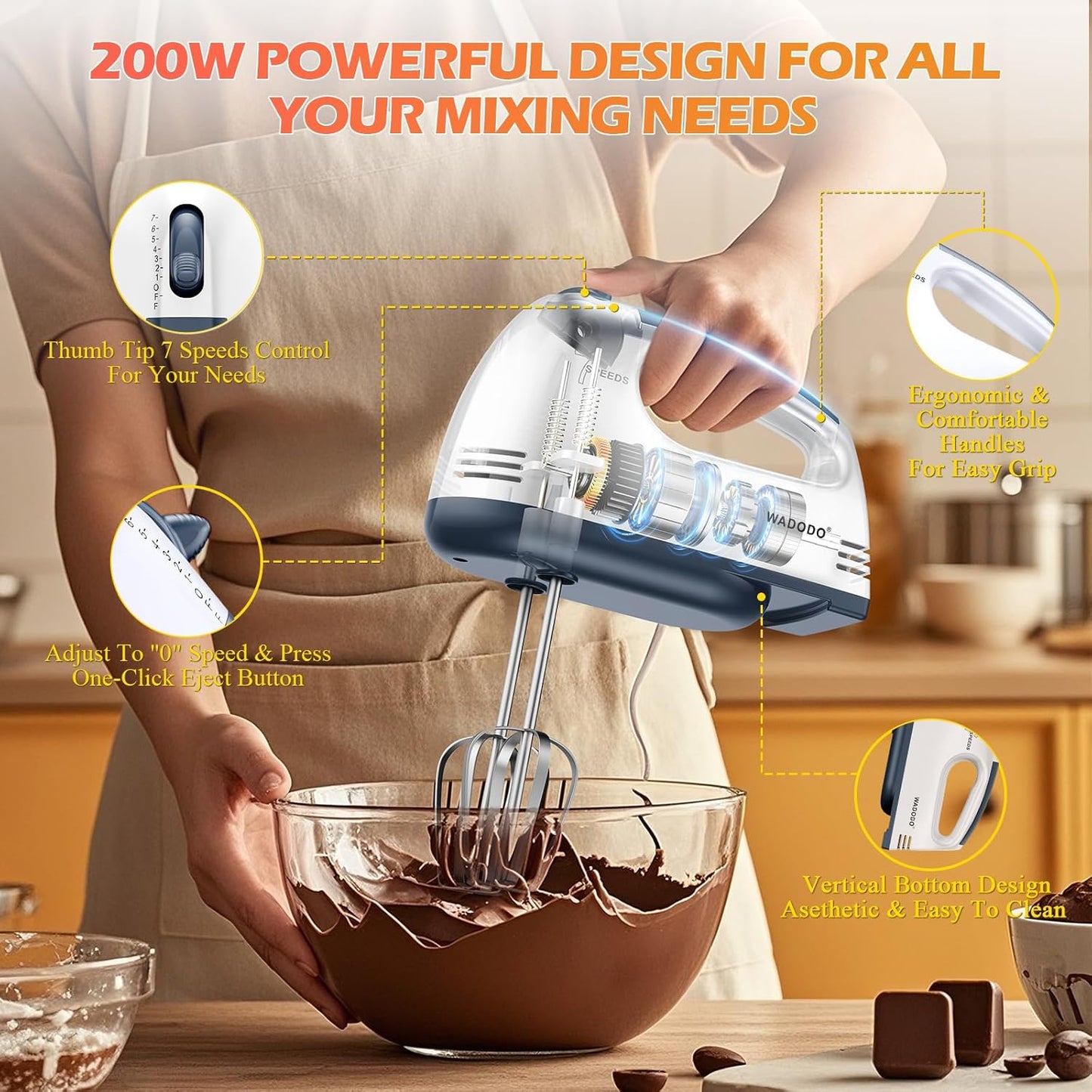 WADODO 7-Speed Electric Hand Mixer – Portable Food Mixer Kitchen Mixer with 304 *(1x Whisk, 2x Beater, 2x Dough hook) for Baking Cakes, Cream, Cookies, Light Pink
