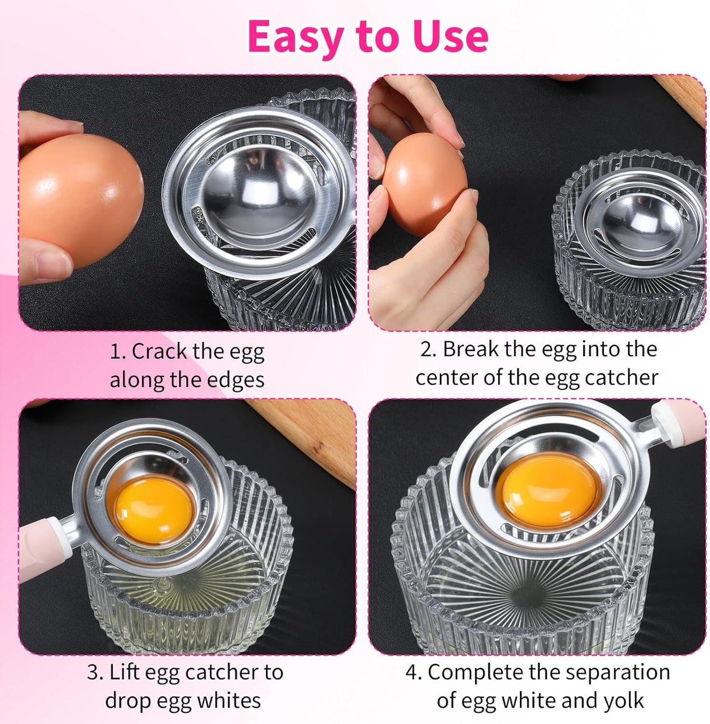 Egg Separators for Yolk, Pink Egg Separators Stainless Steel Kitchen Gadget, Long Handle Eggs Yoke Separator for Baking Cooking and Culinary Preparation