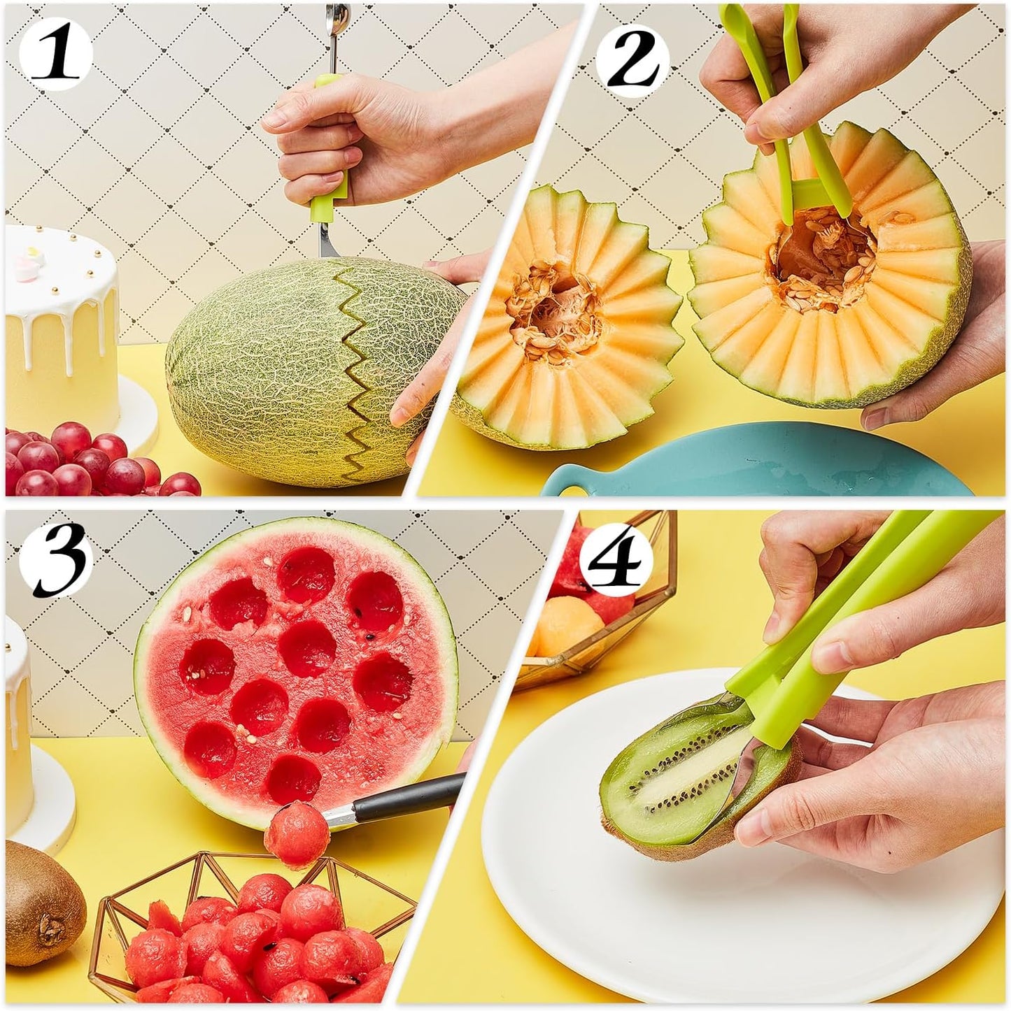 Patelai 2 Pieces Melon Baller Scoop Set, 4 in 1 Fruit Cutters Stainless Steel Watermelon Scooper and Ice Cream Baller for Dig Pulp Separator Fruit Slicer