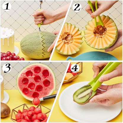 Patelai 2 Pieces Melon Baller Scoop Set, 4 in 1 Fruit Cutters Stainless Steel Watermelon Scooper and Ice Cream Baller for Dig Pulp Separator Fruit Slicer