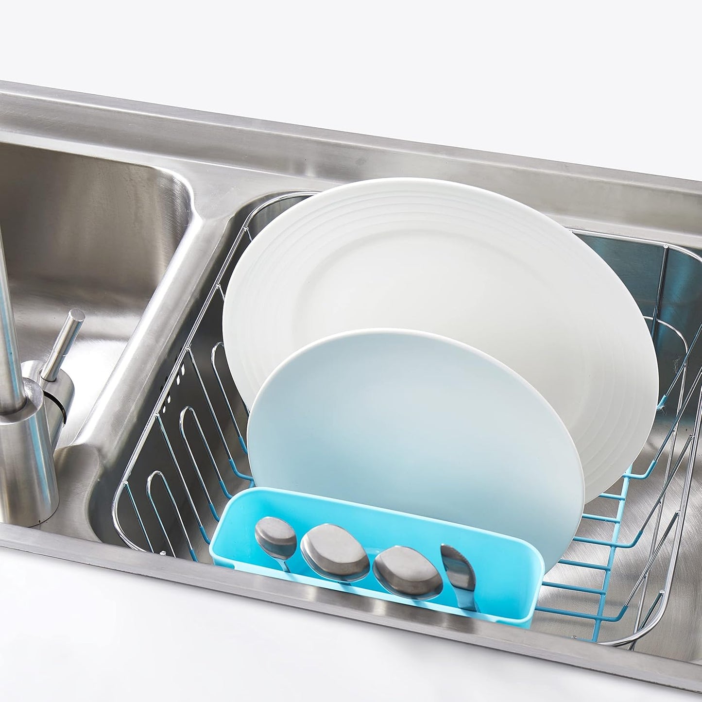 Dish Drying Rack & Cutlery Holder 2 Piece Set - Compact Sink-Fitting Dish Drainer with Rubberized Undercoating, Space-Saving Kitchen Organizer for Plates, Cups, Bowls & Utensils in Sink, Silver