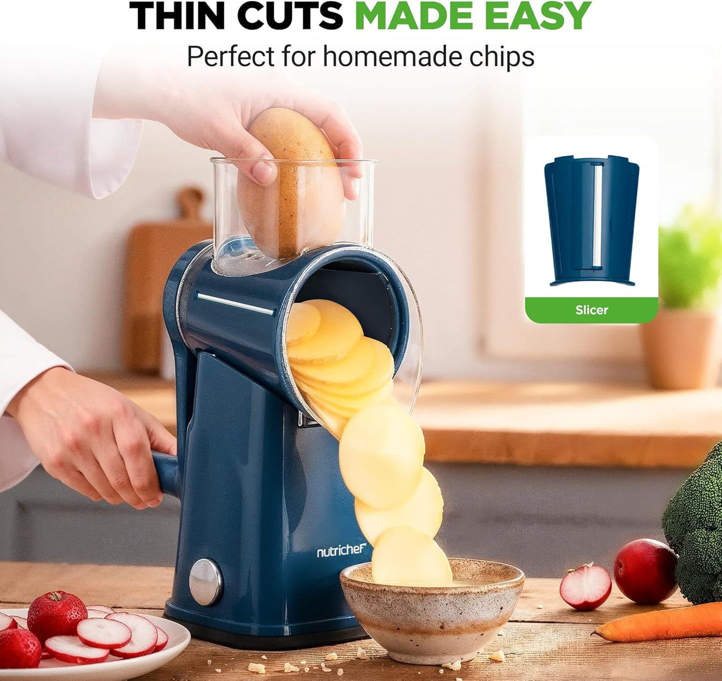 NutriChef 5 in 1 Cheese Grater & Shredder | 5 Different Blades for Thin, Thick, Julienne Strips, Wavy, & Straight Strips | Includes Hand Crank, Strong Suction Base & Storage Container | Black