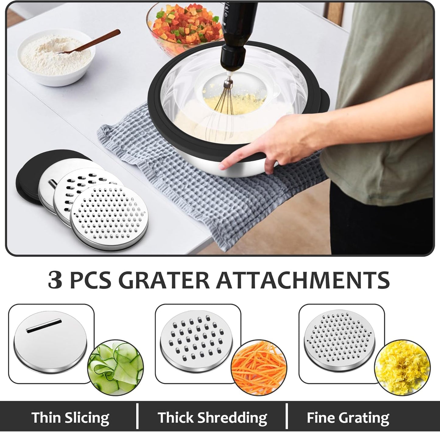 E-far Colander with Mixing Bowl Set, 4-1 Stainless Steel Colander Strainers Bowl with Graters for Kitchen, Rotatable Food Strainer Bowl for Rinsing Fruits Vegetables/Draining Pasta - Blue