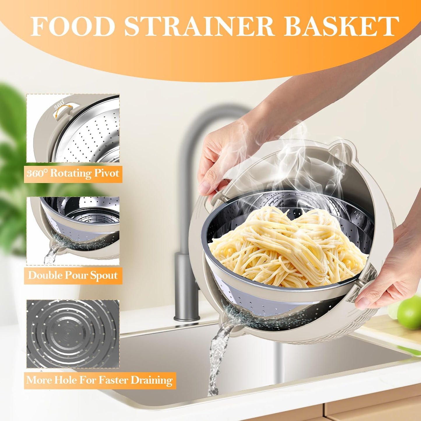 Over the Sink Colander, Expandable Strainers and Colanders with Fine Mesh, Colander for Kitchen with Rubber Grip for Draining Pasta, Vegetables and Fruits - Essential Kitchen Sink Strainer