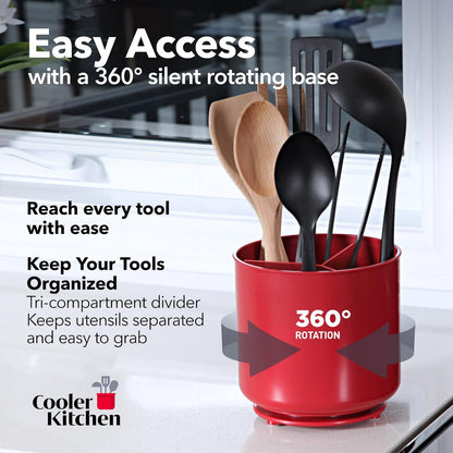 Cooler Kitchen Jumbo Extra Large Sturdy Rotating Black Utensil Holder Caddy with No-Tip Weighted Base, and Gripped Insert - Rust Proof and Dishwasher Safe Kitchen Utensils Holder