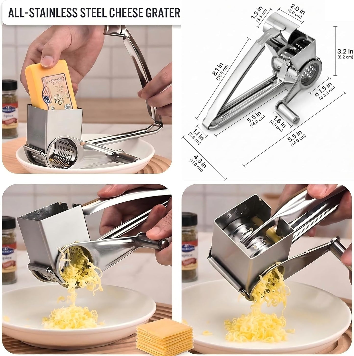 Rotary Cheese Grater with Handle, Professional Grade Stainless Steel Manual Ginger & Chocolate Shredder, Reversible Drum for Left/Right Hand, Easy-to-Clean Vegetable & Nut Grinder for Kitchen & Pizza