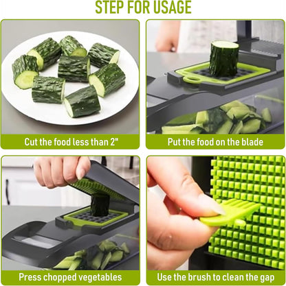 Vegetable Chopper with Container - Pro 12 in 1 Mandoline Slicer - Multifunctional Vegetable Dicer with Top Handle, Drain Basket, Egg Separator & 8 Versatile Blades - Manual Veggie Cutter for Kitchen