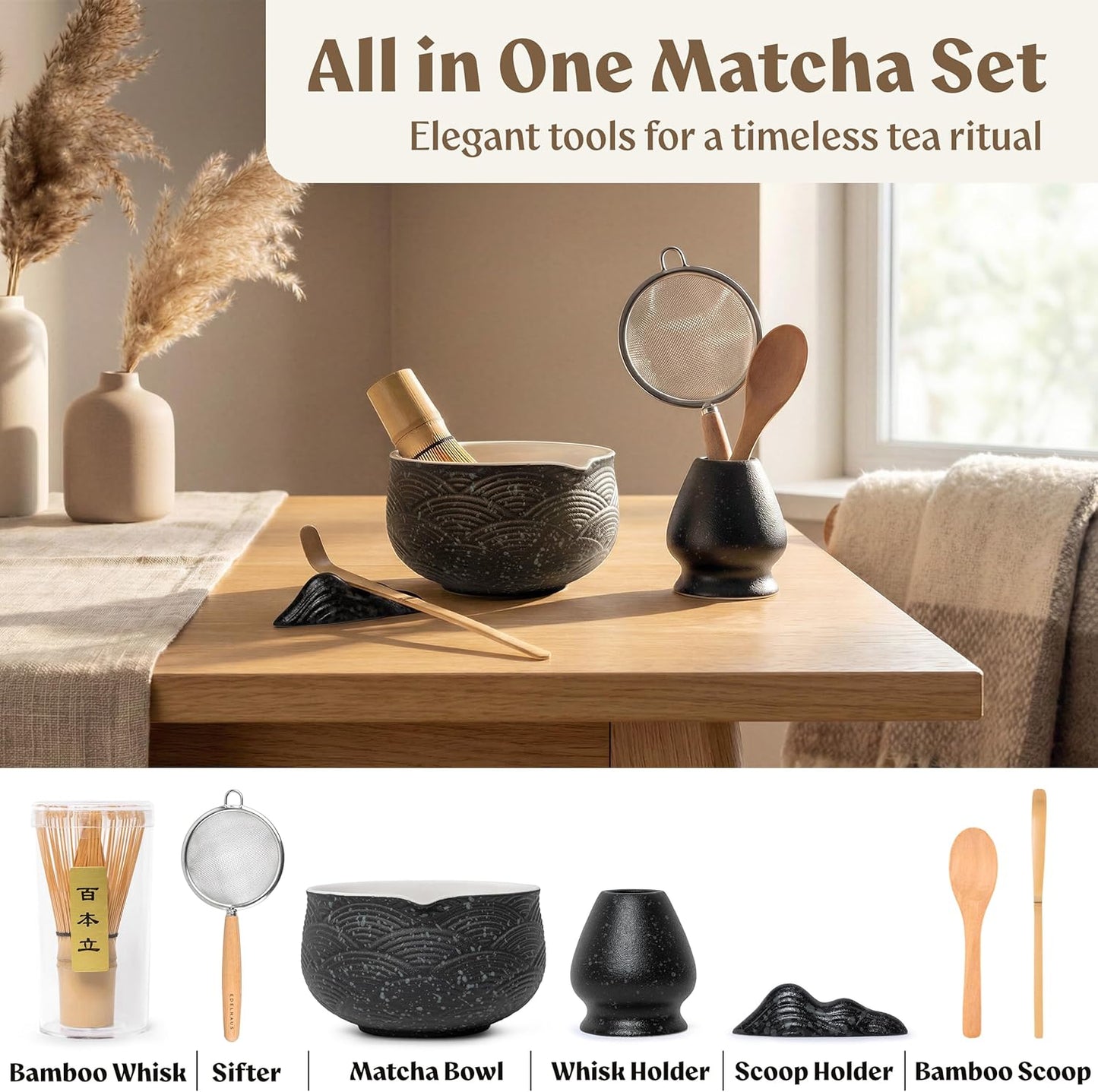 EDELHAUS Matcha Kit Whisk Set (7 Pcs) - Complete Matcha Set, Matcha Bowl with Spout, Whisk with Holder, Bamboo Scoop with Rest and Sifter, Perfect Kit for Matcha Lovers (Sakura Pink)