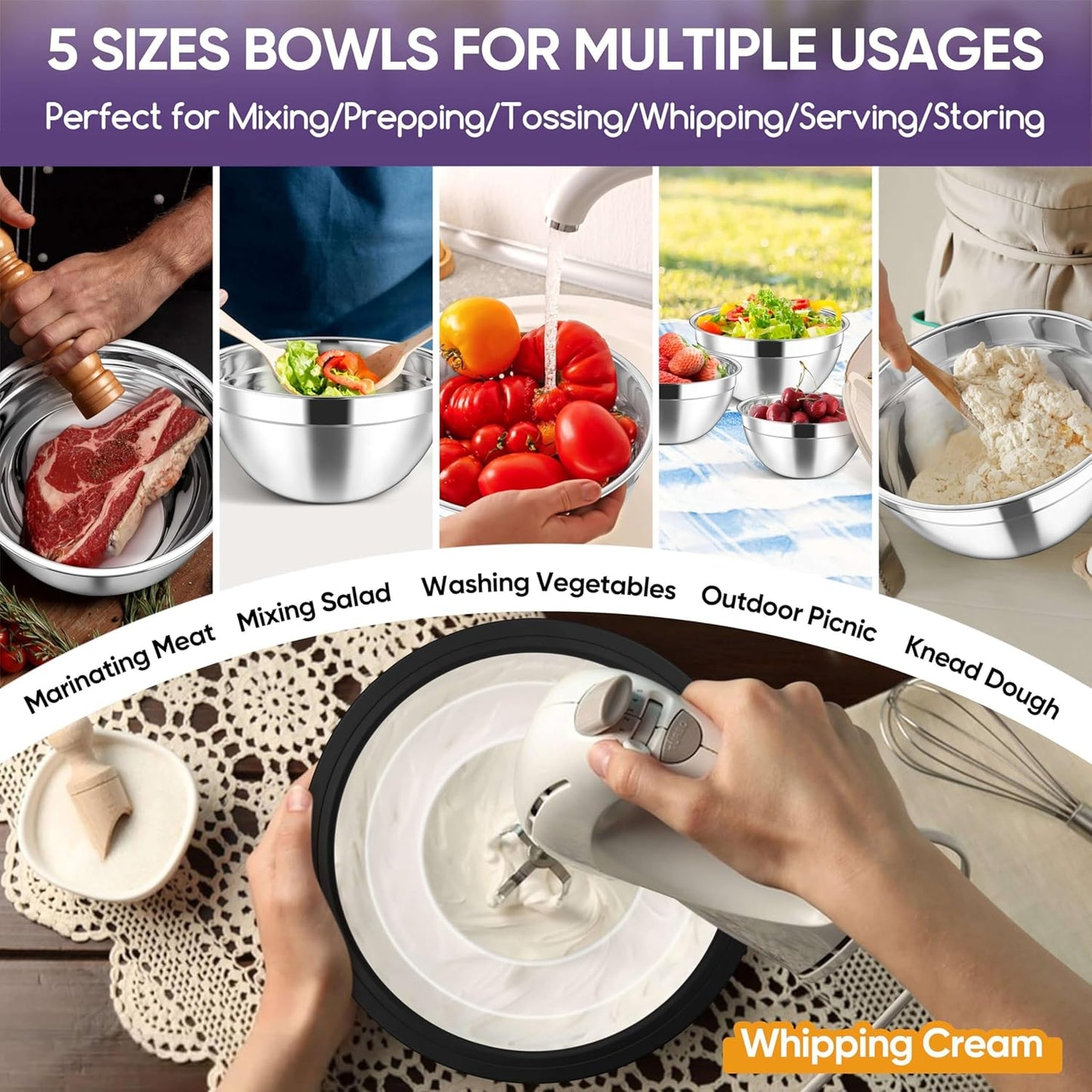 Herogo 5-Piece Mixing Bowls with Airtight Clear Lids, 3 Grater Attachments, Stainless Steel Salad Bowls for Kitchen, Size 4.6, 3.5, 2.5, 2, 1.5QT Ideal for Baking, Prepping and Serving, Khaki