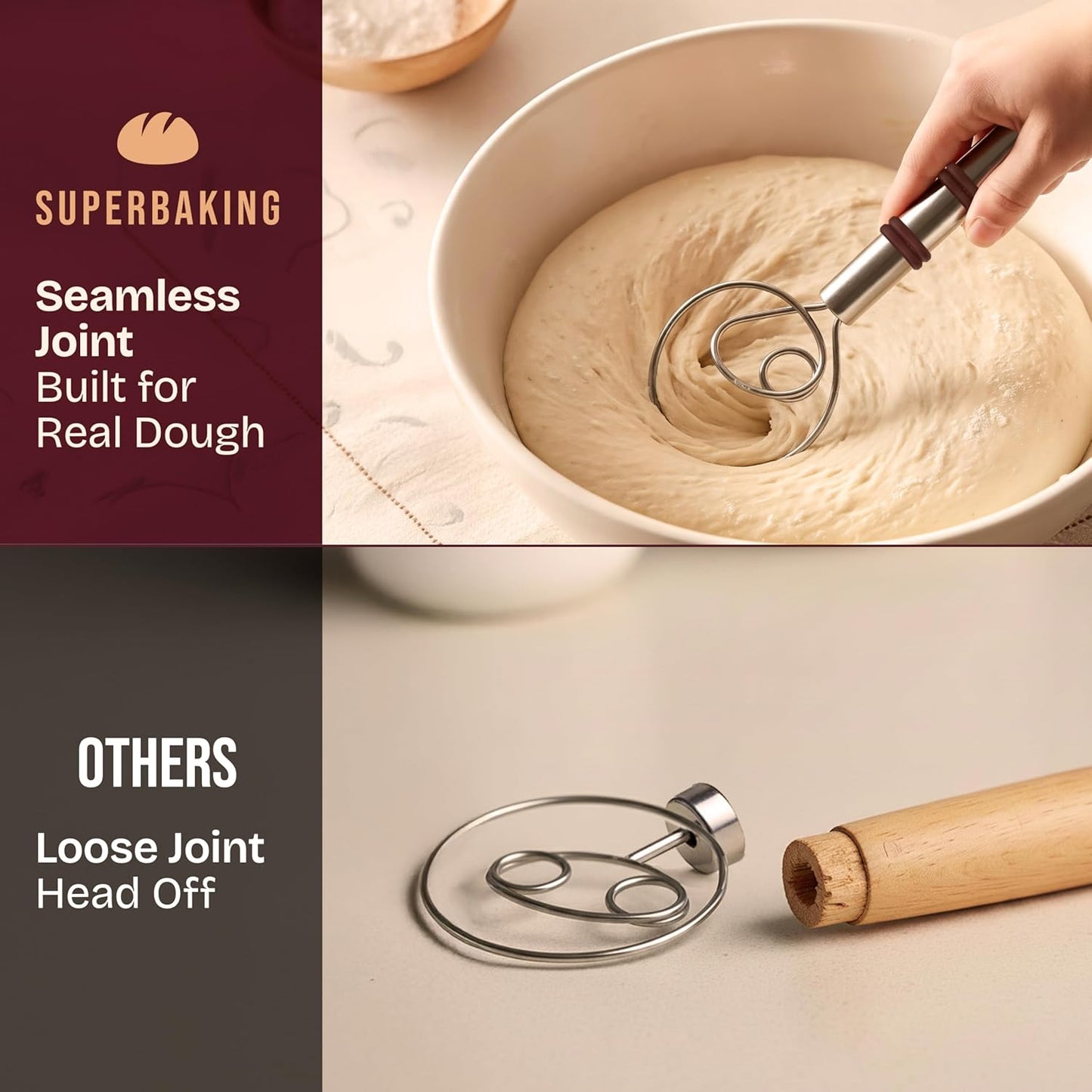 Superbaking Danish Dough Whisk - 12" Bread Whisk for Dough Mixing - Single Eye Design Sourdough Whisk - Sourdough Bread Baking Supplies - Bread Making Tools and Accessories - Ergonomic Wooden Handle