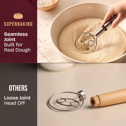 Superbaking Danish Dough Whisk - 12" Bread Whisk for Dough Mixing - Single Eye Design Sourdough Whisk - Sourdough Bread Baking Supplies - Bread Making Tools and Accessories - Ergonomic Wooden Handle