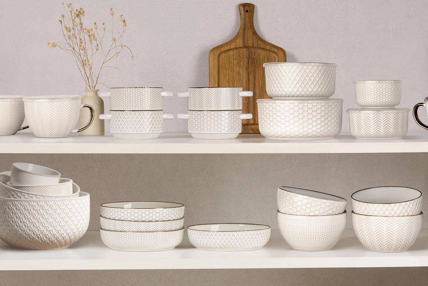 KooK Serving Bowls, with Lids, Ceramic Nesting Bowls, Set of 4, Embossed, Kitchen, Prep, Stackable, Gift, Microwave and Dishwasher Safe, 16/29/47/70 oz, Narbonne Collection (Ivory)