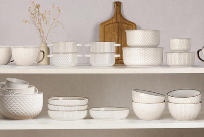 KooK Serving Bowls, with Lids, Ceramic Nesting Bowls, Set of 4, Embossed, Kitchen, Prep, Stackable, Gift, Microwave and Dishwasher Safe, 16/29/47/70 oz, Narbonne Collection (Ivory)