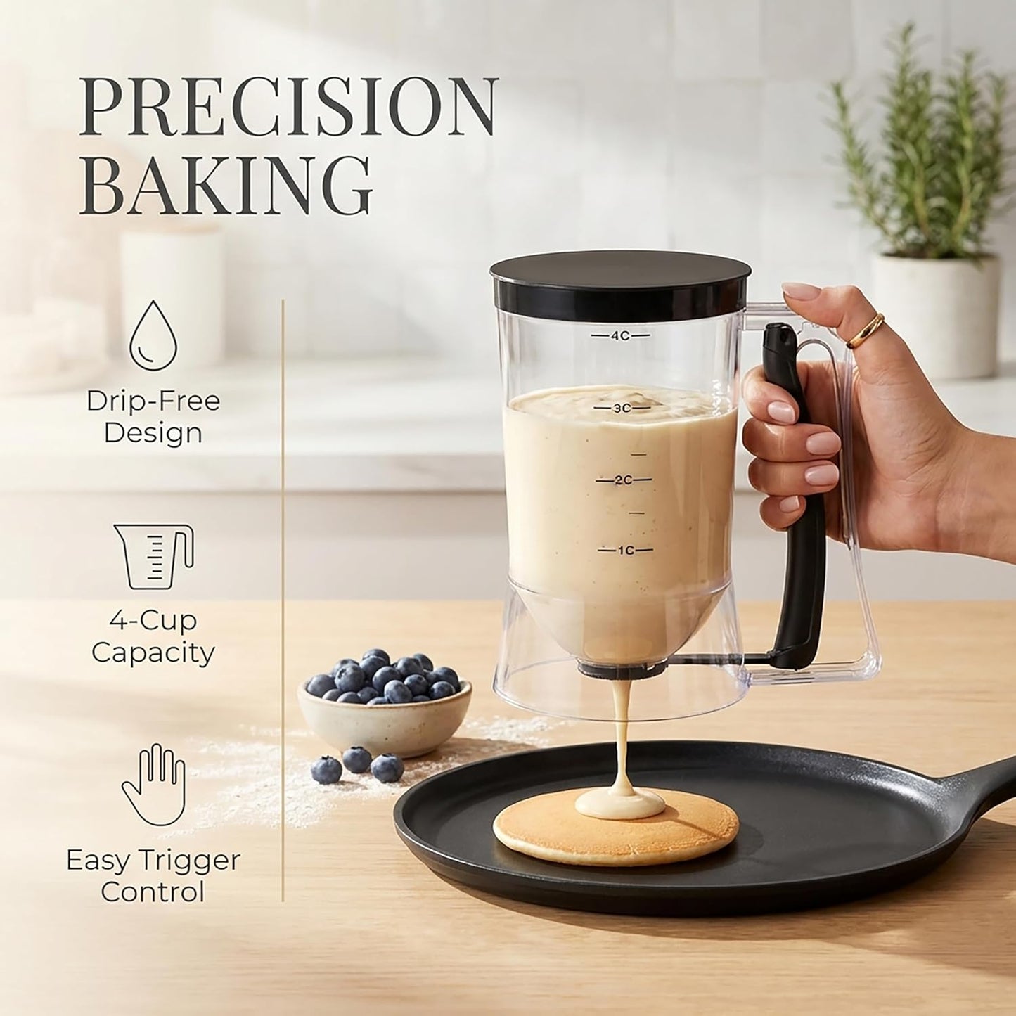Pancake Batter Dispenser 4-Cup Batter Dispenser with Squeeze Handle & Measuring Marks Kitchen Must Have Tool for Pancakes, Cupcake, Waffle, Muffin Mix, Cake & Crepe,Baking Tool