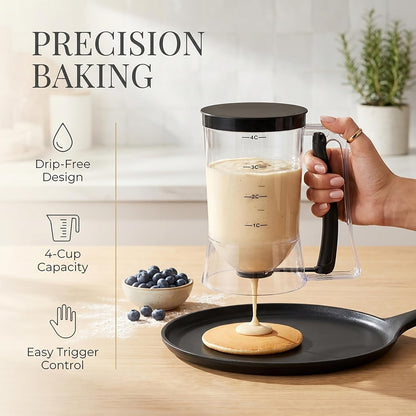 Pancake Batter Dispenser 4-Cup Batter Dispenser with Squeeze Handle & Measuring Marks Kitchen Must Have Tool for Pancakes, Cupcake, Waffle, Muffin Mix, Cake & Crepe,Baking Tool