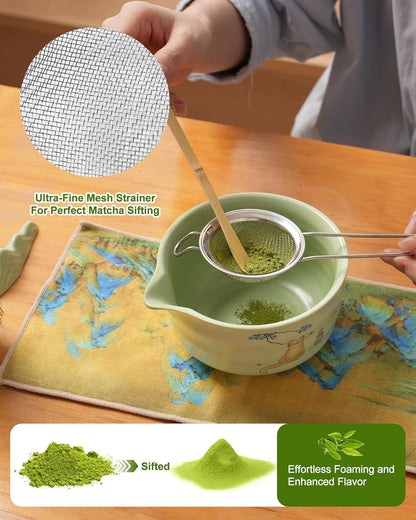 Matcha Whisk Set, Japanese Matcha Kit Set 7-Pcs with Matcha Bowl (Chawan), Matcha Whisk and Holder, Bamboo Scoop, Scoop Rest, Sifter and Tea Towel - Authentic Tea Ceremony Tools for Tea Lovers(Blue)